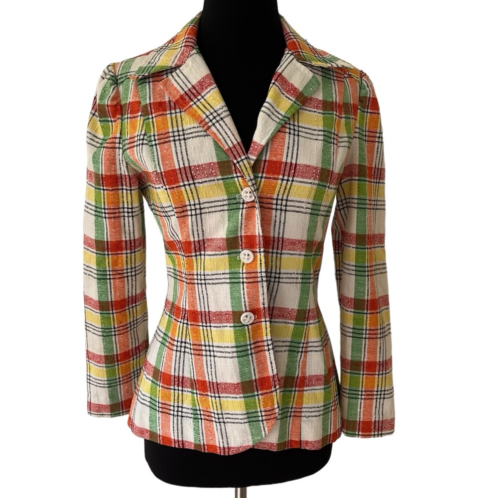 Vintage plaid blazer jacket multicolor fitted red orange green yellow - Picture 2 of 16